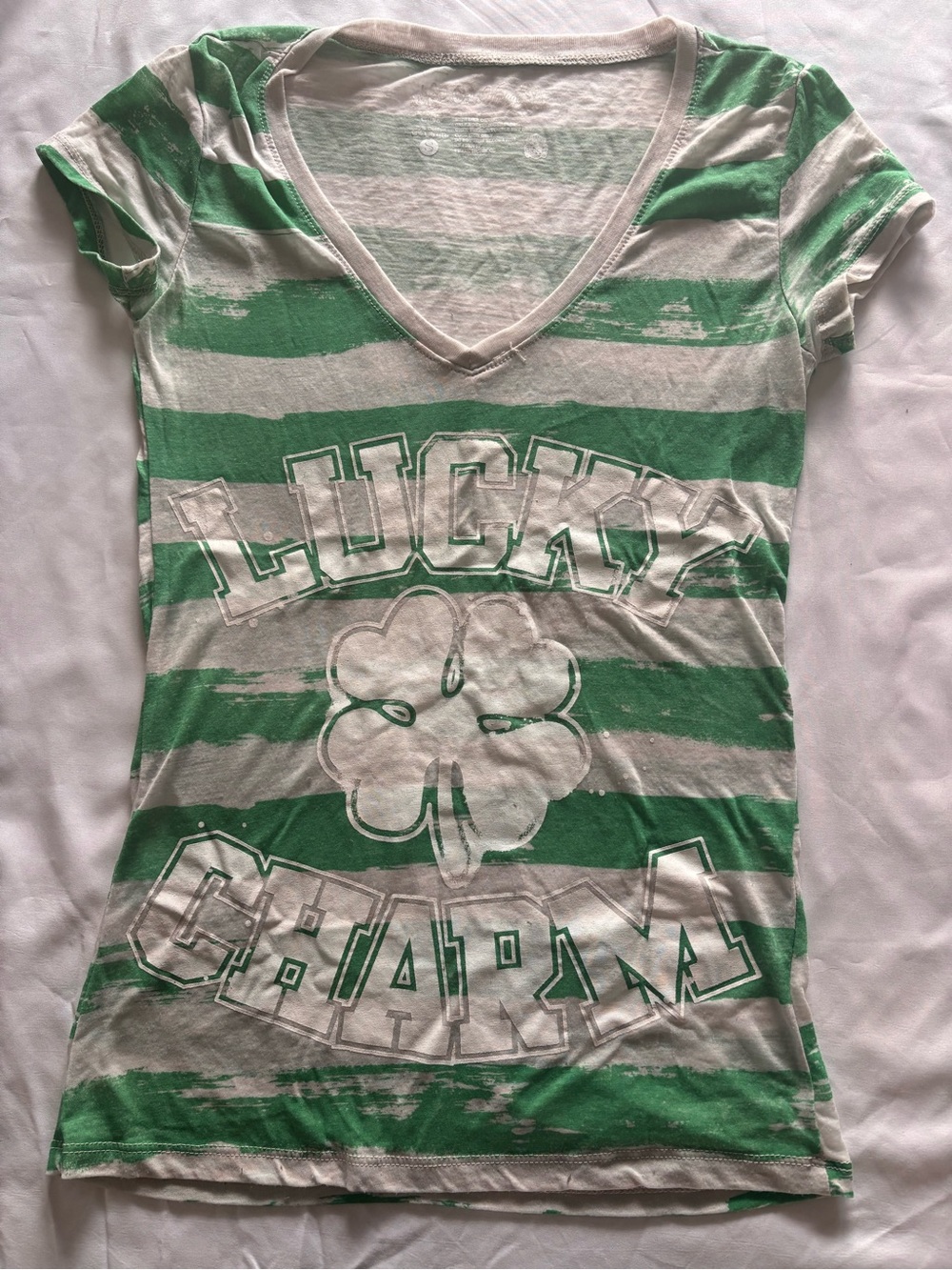 Old Navy Green & White Striped V-Neck Tee with Clover Graphic